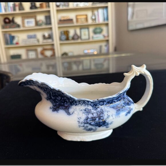 Antique 19th C Flow Blue Ironstone Gravy Boat Rosetta William Adams & Co England - Picture 2 of 10